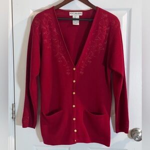 Vintage JH Collectibles Wool Red Cardigan with Floral Embroidery
